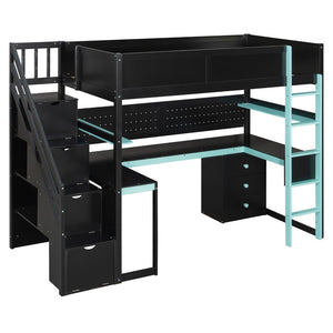 English Elm Full Size Gaming Loft Bed with Led Lighting Desk Shelves and Usb Charging Ports N820S00070C