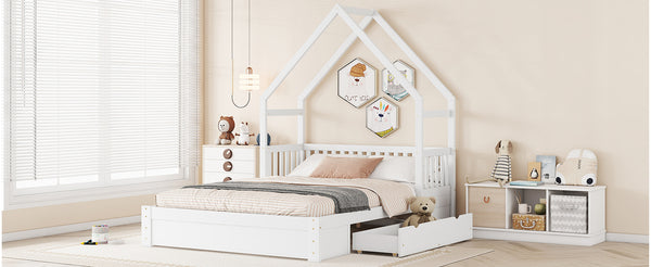 English Elm Wood Queen Size House Platform Bed with Guardrail and 2 Drawers — Charming Kids’ Playful Storage Bedframe White GX000726AAK