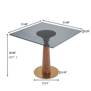English Elm Modern Square Dining Table - 33.5" Glass Top With Wooden Legs & Gold Base For Small Spaces, 2-Person W1535S00572