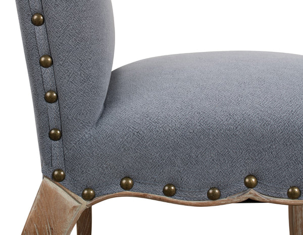 Sarreid Thorne Side Chair - Distressed Oak With Blue Wrinkled Linen & Tacks, Ideal For Stylish Dining Spaces Blue  29083