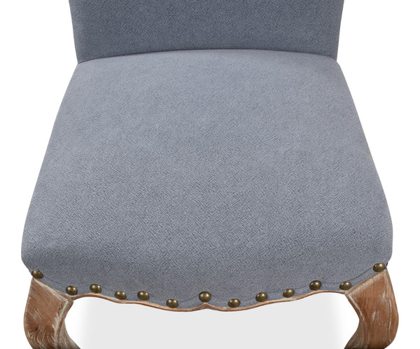 Sarreid Thorne Side Chair - Distressed Oak With Blue Wrinkled Linen & Tacks, Ideal For Stylish Dining Spaces Blue  29083