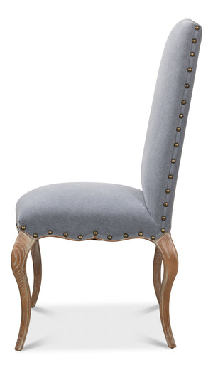 Sarreid Thorne Side Chair - Distressed Oak With Blue Wrinkled Linen & Tacks, Ideal For Stylish Dining Spaces Blue  29083