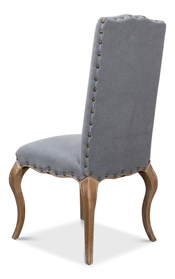Sarreid Thorne Side Chair - Distressed Oak With Blue Wrinkled Linen & Tacks, Ideal For Stylish Dining Spaces Blue  29083
