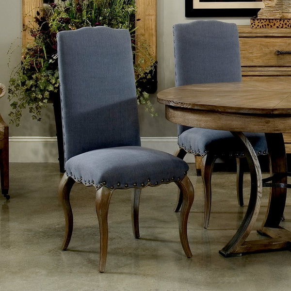 Sarreid Thorne Side Chair - Distressed Oak With Blue Wrinkled Linen & Tacks, Ideal For Stylish Dining Spaces Blue  29083