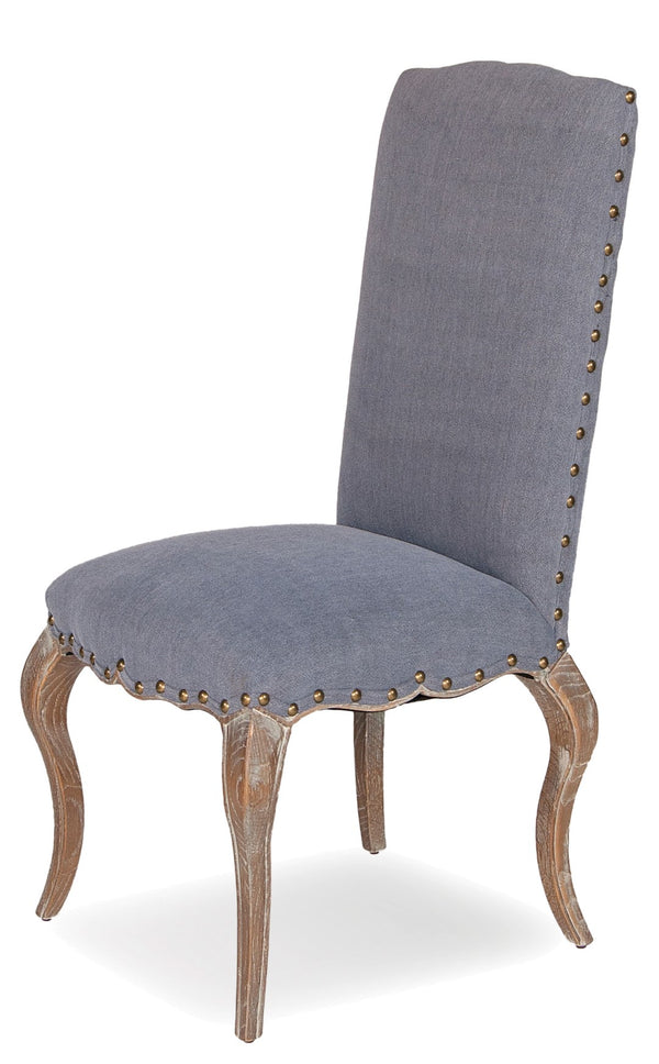 Sarreid Thorne Side Chair - Distressed Oak With Blue Wrinkled Linen & Tacks, Ideal For Stylish Dining Spaces Blue  29083