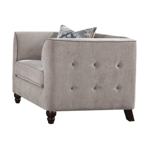 English Elm Cyndi Tan Velvet Chair with Pillow — Button Tufted Back & Arms, Pocket Coil Seat, Espresso Legs B2726P401437