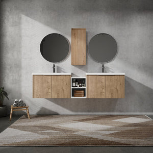 English Elm 72" Wall-Mounted Bathroom Vanity Set With Dual Sinks, Soft-Close Doors & Side Cabinet For Storage W999S00227
