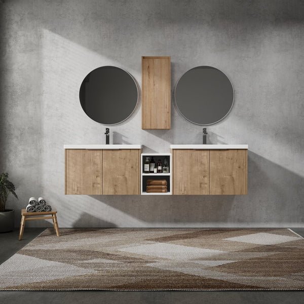 English Elm 72" Wall-Mounted Bathroom Vanity Set With Dual Sinks, Soft-Close Doors & Side Cabinet For Storage W999S00227