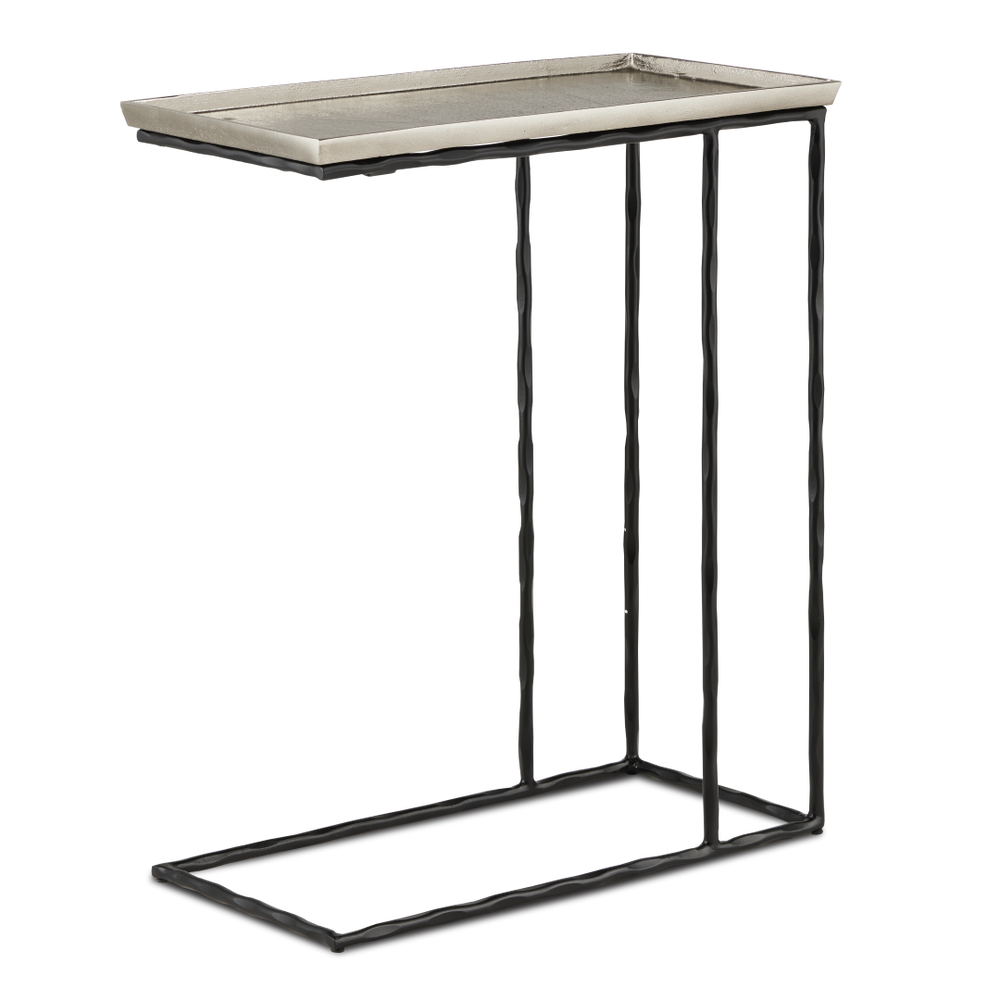 Boyles Silver C Table - Modern Antique Silver Side Table with Wavy Black Iron Base for Chic Spaces