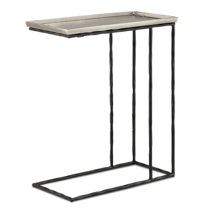 Boyles Silver C Table - Modern Antique Silver Side Table with Wavy Black Iron Base for Chic Spaces