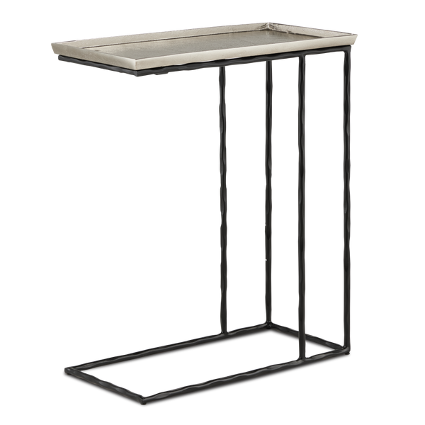 Boyles Silver C Table - Modern Antique Silver Side Table with Wavy Black Iron Base for Chic Spaces