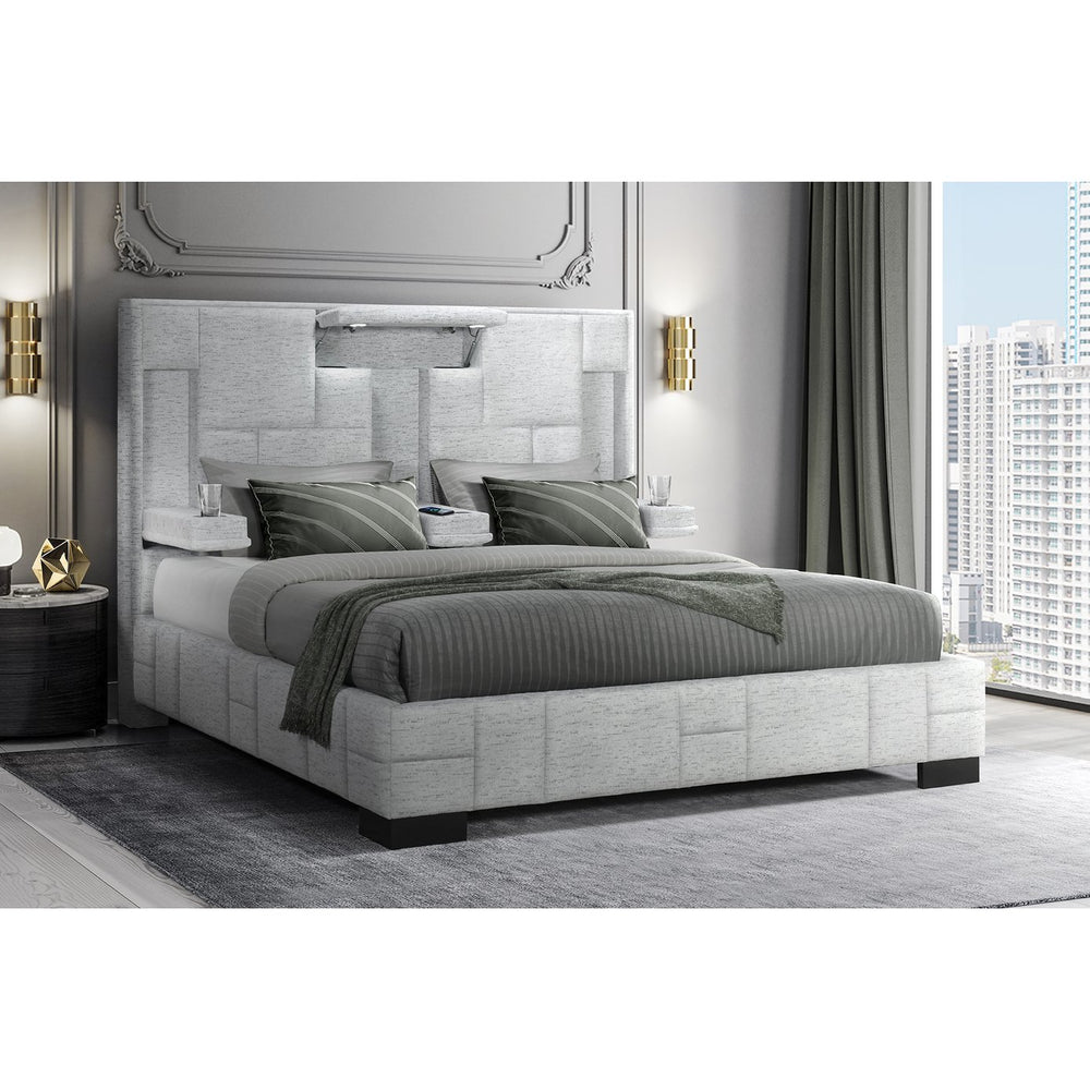 English Elm YARIS Modern King Bed with Upholstered Bryson Fabric, Fold-Down Arms, LED Lights, Speakers, Wireless Charging Gray 93.23 L x 13.19 W x 11.18 H B201S00112