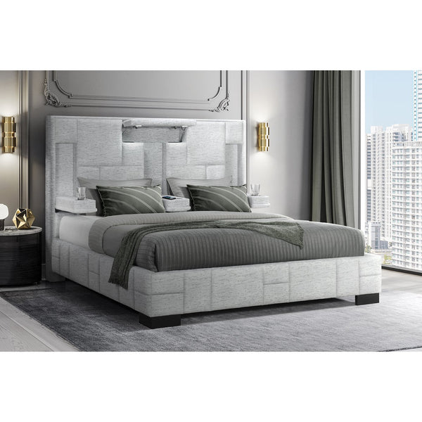 English Elm YARIS Modern King Bed with Upholstered Bryson Fabric, Fold-Down Arms, LED Lights, Speakers, Wireless Charging Gray 93.23 L x 13.19 W x 11.18 H B201S00112