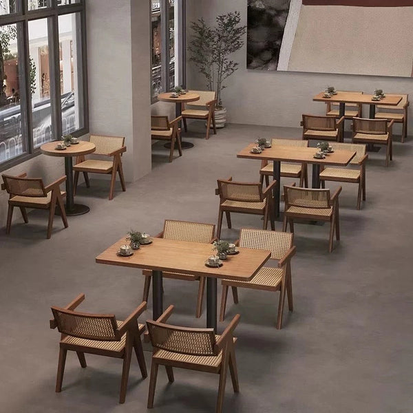 English Elm Modern Mid Century Rattan Dining Chair with Armrests, Walnut Rubberwood, Durable Cozy Accent Seat W3101P340551