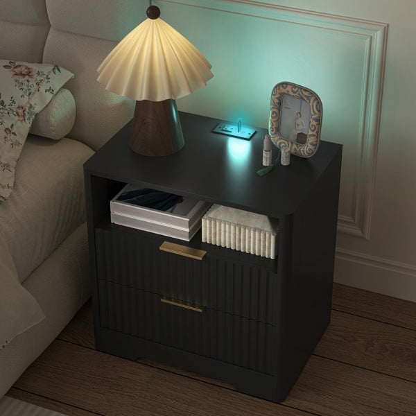 English Elm Nightstand Smart Bedside Table with Usb Charging Voice Light and Cabinet Storage W1321P399420