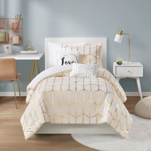 JLA Home Intelligent Design - Metallic Raina Comforter Set with Geometric Metallic Print, Embroidered Pillows & Antimicrobial Finish Ivory/Gold ID10-1507