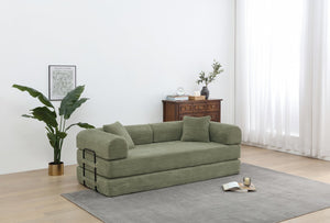 English Elm Convertible 3-Seat Sleeper Sofa Bed Corduroy Folding Floor Couch with Cylindrical Pillow, Plush Support Light Green W3199P309011