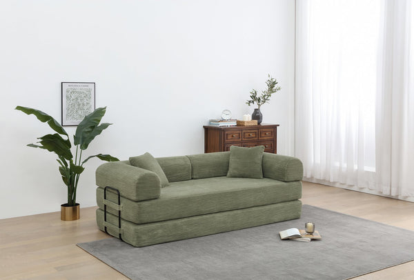 English Elm Convertible 3-Seat Sleeper Sofa Bed Corduroy Folding Floor Couch with Cylindrical Pillow, Plush Support Light Green W3199P309011