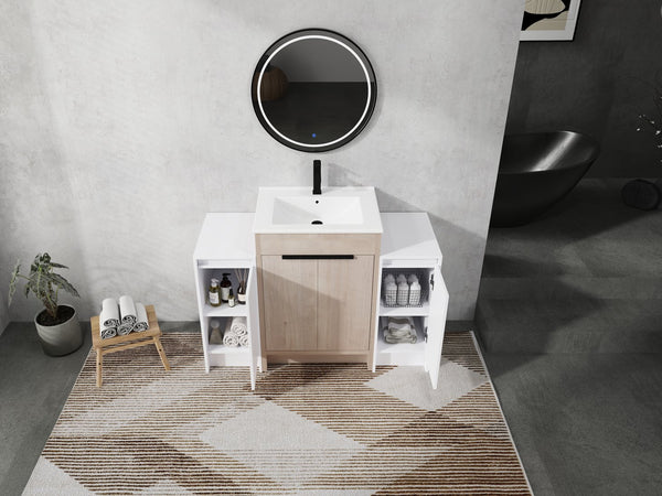 English Elm 48 Inch Freestanding Bathroom Vanity With Ceramic Sink, Adjustable Shelves & Soft-Close Doors W999S00312