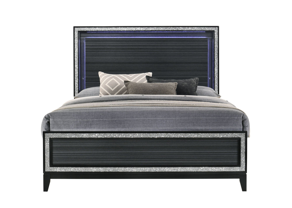 English Elm Haiden Queen Bed with LED Headboard, Weathered Black Finish, Silver Trim Accents & Sturdy 660lb Capacity B2726S00319
