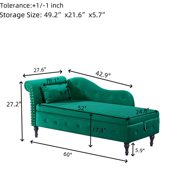 English Elm Aijia 60" Velvet Chaise Lounge With Storage, Button Tufted Design & Nailhead Trim - Green Elegance W1117P284896