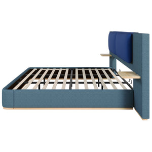 English Elm Christopher Knight Home® - King PU Leather Bed Frame with Wingback Headboard & Footboard, Gold Accents, Platform Slat Support, Elegant Design Blue 76.4 L x 12.75 W x 8.75 H N761S0000024C