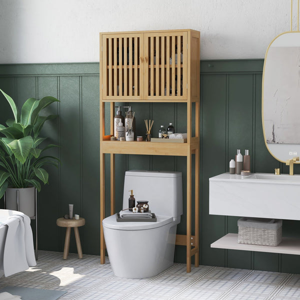 English Elm HOMCOM Bamboo Floor Cabinet Bathroom Organizer Tower with Shelved Storage, Slatted Doors & Elevated Base Natural Wood W2225P217003