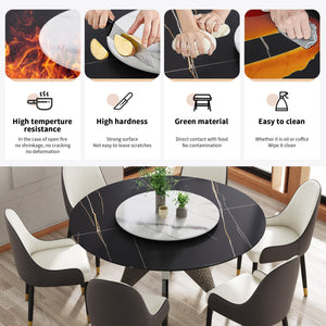 English Elm 59.05" Round Marble Dining Table With Silver Stainless Steel Base & 31.5" Lazy Susan For 6-8 Guests W1535S00393