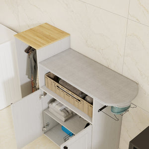 English Elm Ironing Cabinet on Wheels with Pull Out Board Open Shelves and Antique White Finish W1120P330148