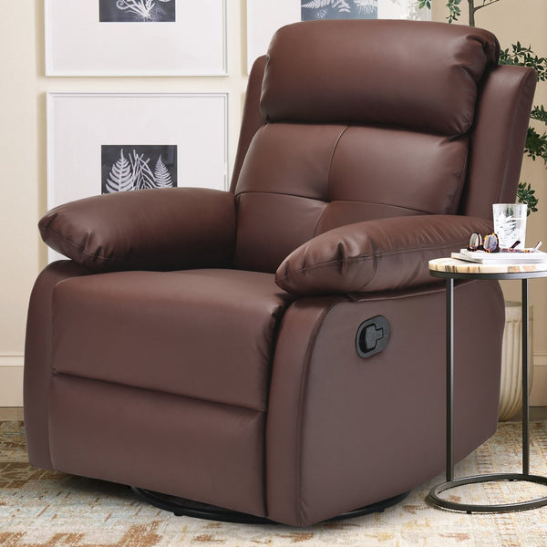 English Elm Small Rocker Swivel Recliner Chair with 360° Swivel, 30° Rocking and Adjustable 90–150° Recline Comfortability Brown T3623P380479