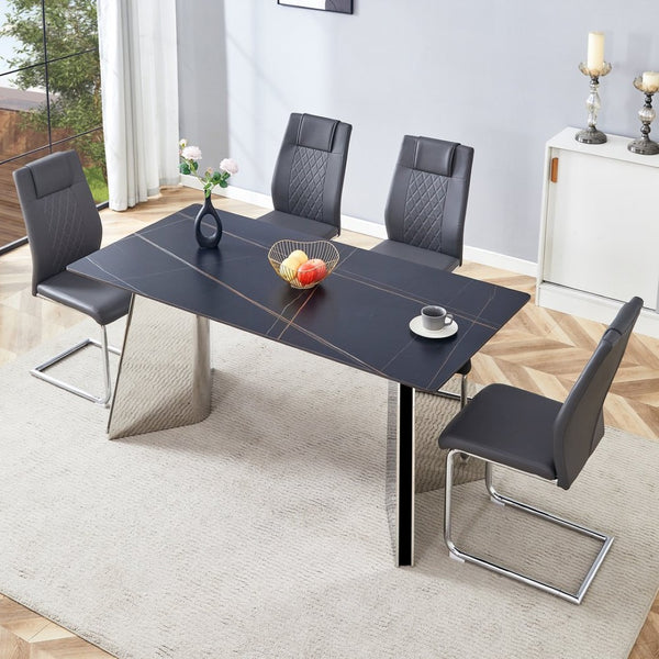 English Elm Table And Chair Set - Luxurious Black Marble-Patterned Top With Stylish Stainless Steel Legs & 4 Pu Chairs W1151S01961-GIGA