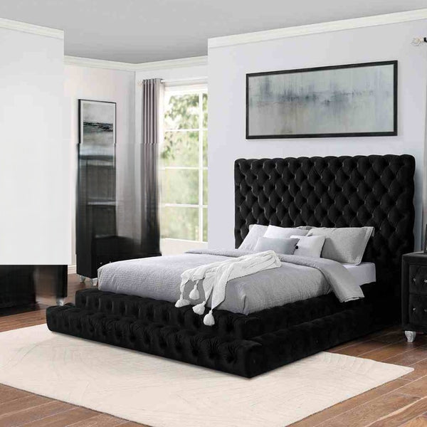 English Elm Contemporary Gray Flannelette King Bed Tufted Tall Headboard Glam Platform Frame Black B2741S00814