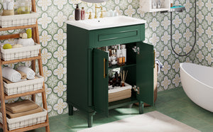 English Elm 24" Bathroom Vanity with Integrated Ceramic Sink and Adjustable Shelf, Vintage Hardware, Space-Saving Design Green N710P277711F