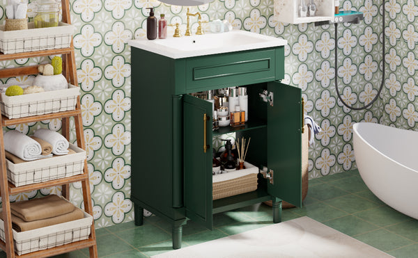 English Elm 24" Bathroom Vanity with Integrated Ceramic Sink and Adjustable Shelf, Vintage Hardware, Space-Saving Design Green N710P277711F
