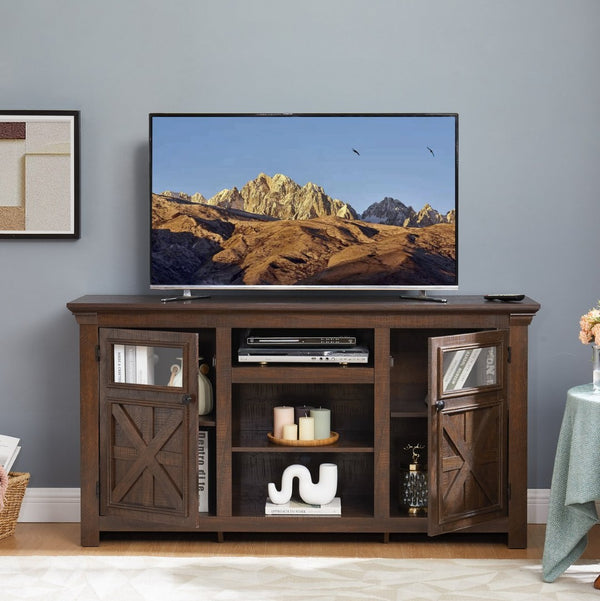 English Elm 2 Door Farmhouse Media Console with Glass Cabinet Panels and Open Shelving for Living Rooms W2275P389693