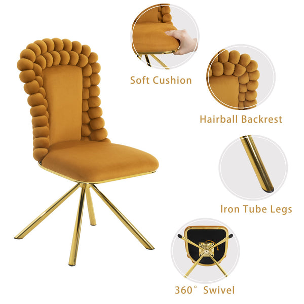 English Elm Dining Velvet Swivel Chairs Set of 2 with Hairball Backrest, Gold Metal Legs, Plush Foam Seat, Adjustable Feet Orange W757P281149