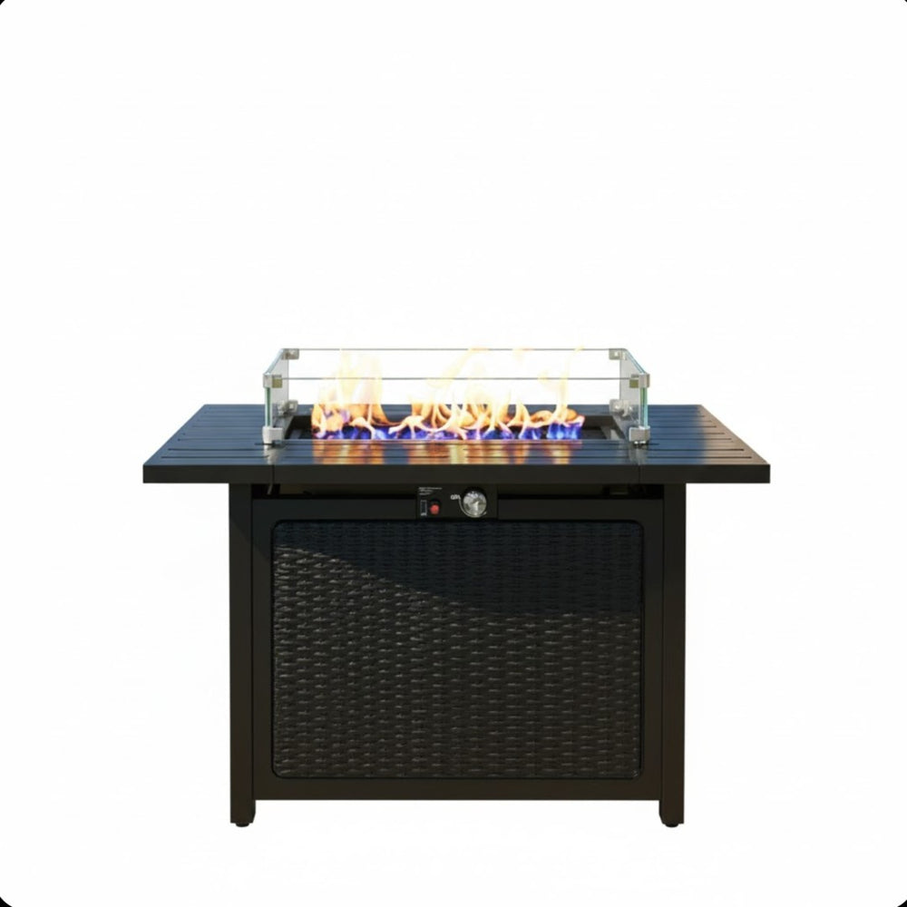 English Elm 43 Inch Faux Rattan Propane Fire Pit Table 50000 Btu with Glass Shield Lava Rock B082P454992