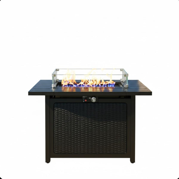 English Elm 43 Inch Faux Rattan Propane Fire Pit Table 50000 Btu with Glass Shield Lava Rock B082P454992