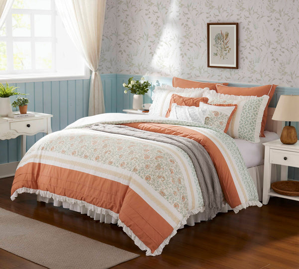English Elm 9 Piece Cotton Percale Comforter Set - Charming Coral Queen Bedding With Shabby Chic Design & Pillows B03596894