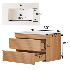English Elm 30" Tiered Wall Mounted Floating Single Vanity with Ceramic Sink, Plywood Durability & Storage Nook W1826P255391