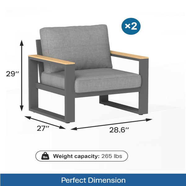 English Elm Set of 2 Powder-coated Aluminum Outdoor Armchairs with Ergonomic Reclined Cushioned Seats Black+Grey B082P455131