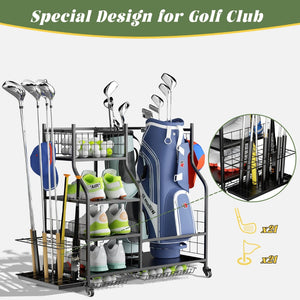 English Elm Golf Bag Organizer Rack with Club Stand Three Shelves and Four Hooks for Garage T3210P392616