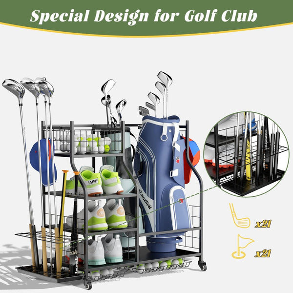 English Elm Golf Bag Organizer Rack with Club Stand Three Shelves and Four Hooks for Garage T3210P392616
