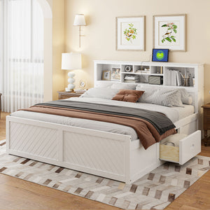 English Elm King Platform Bed with Multi-Storage Headboard, Built-In USB & Outlets, Side Drawers, Modern Design White GX000400AAK