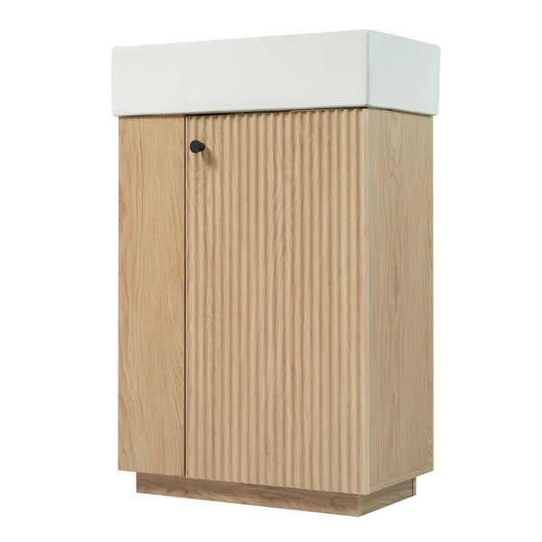 English Elm [video]21.6" Freestanding Bathroom Vanity Ceramic Sink Wavy Door Mdf Cabinet Small Bath Wood N729P285503N