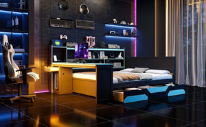 English Elm Queen Gaming Bed Frame with Desk Led Lighting Storage Drawers and Bookcase Headboard Black+Blue LP000290AAC