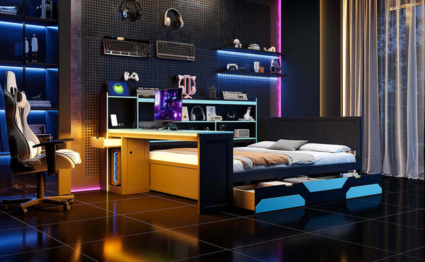 English Elm Queen Gaming Bed Frame with Desk Led Lighting Storage Drawers and Bookcase Headboard Black+Blue LP000290AAC