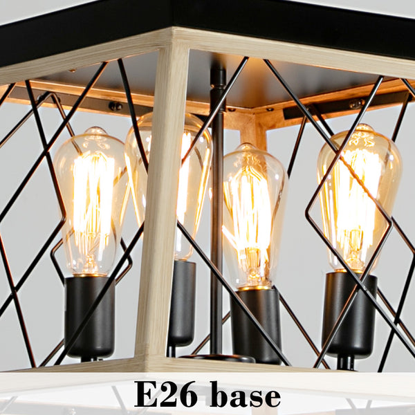 English Elm 16" Oak Industrial 4-Light Pendant Chandelier Rustic Metal Cage, Adjustable 0-40" Chain, E26 Bulb Ready W2312P368672