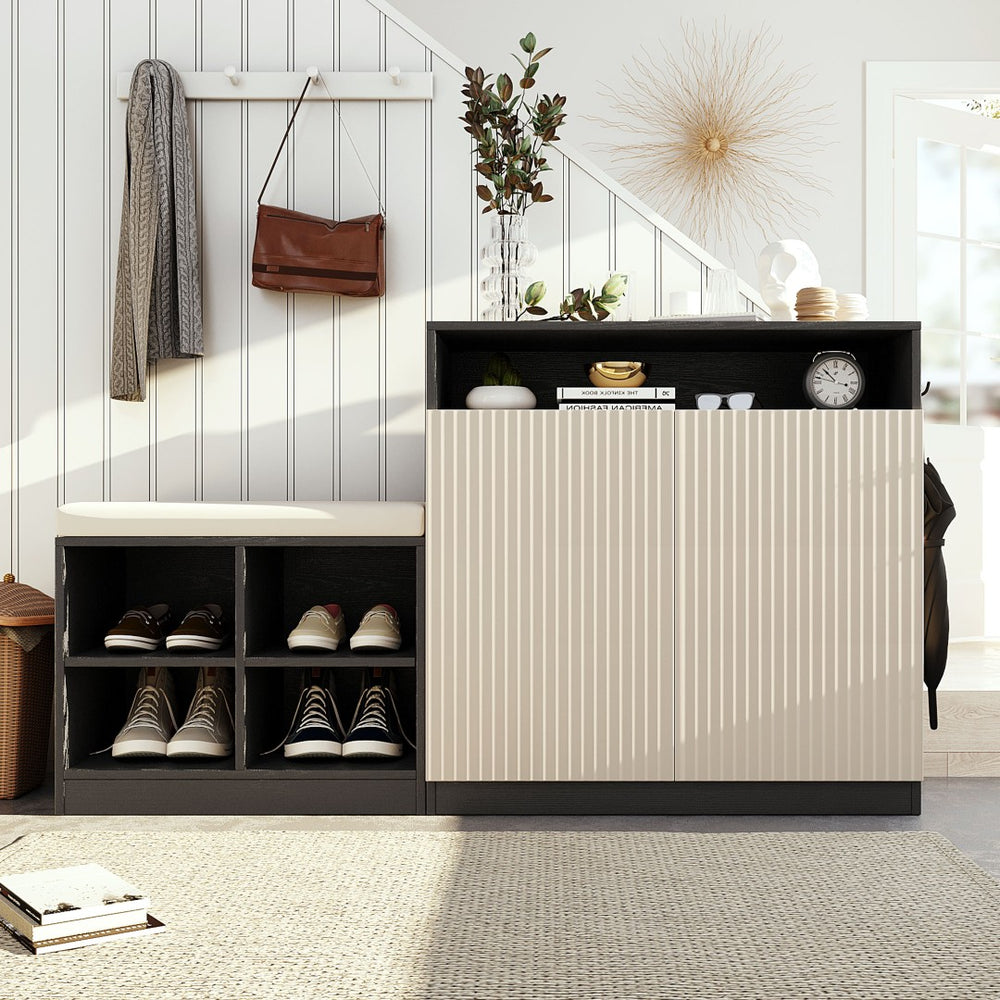 English Elm U_style Entryway Console Set with Wavy Doors Cushioned Bench and Adjustable Shoe Storage N711P345166B