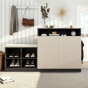 English Elm U_style Entryway Console Set with Wavy Doors Cushioned Bench and Adjustable Shoe Storage N711P345166B